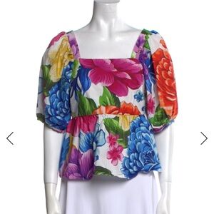 Farm Rio Rainbow Chita empire-waist blouse with puff sleeves size SMALL